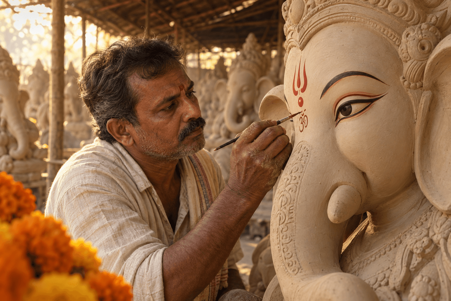 Art-directed image of an artisan painting a Ganesh idol