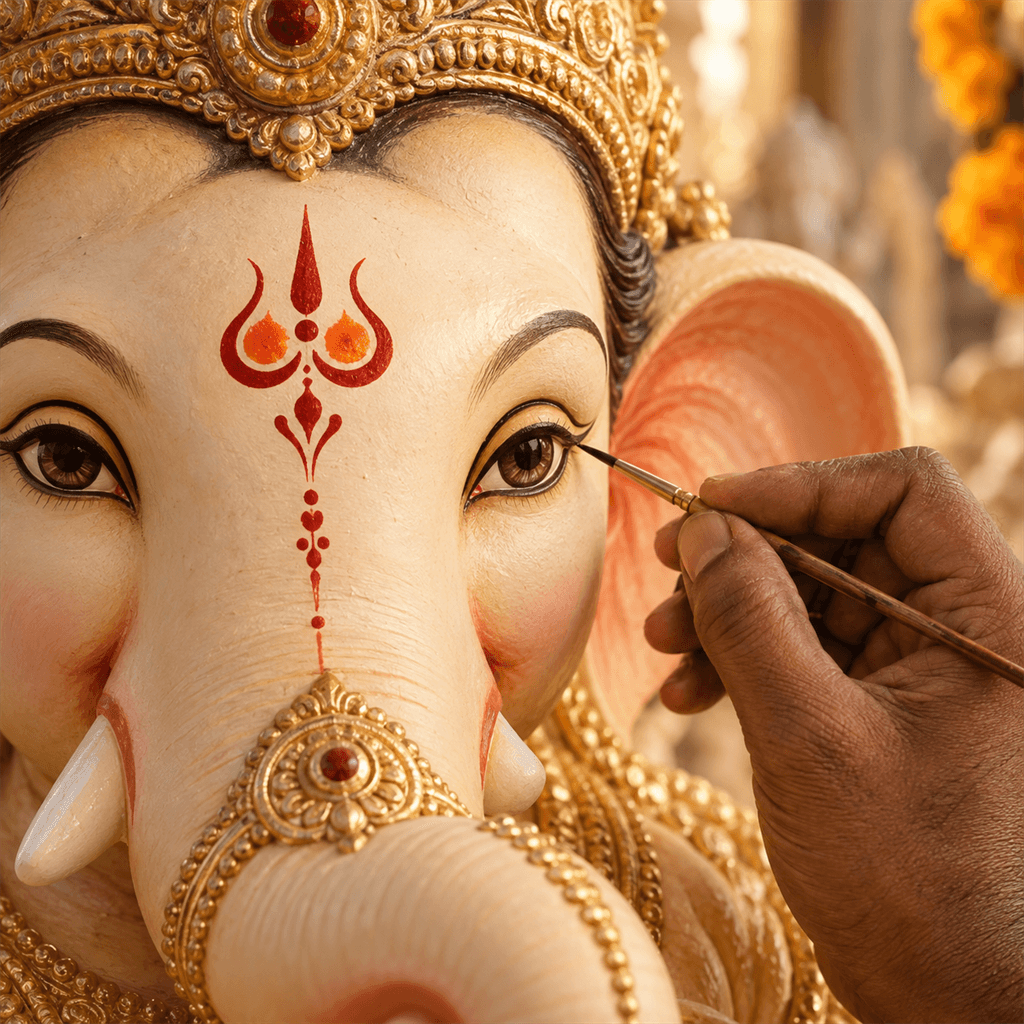 Art-directed close-up of a Ganesh idol being painted