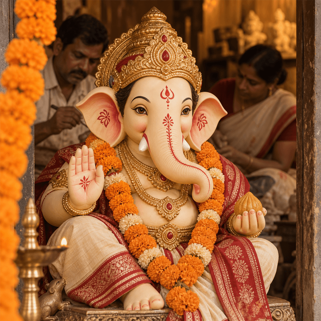 Art-directed finished Ganesh idol in a workshop
