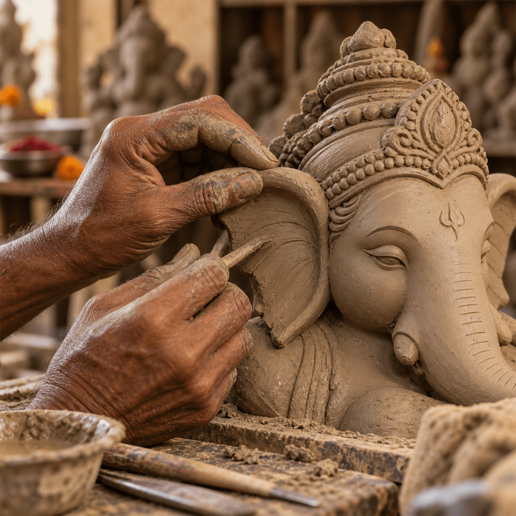 Art-directed close-up of an artisan forming clay details