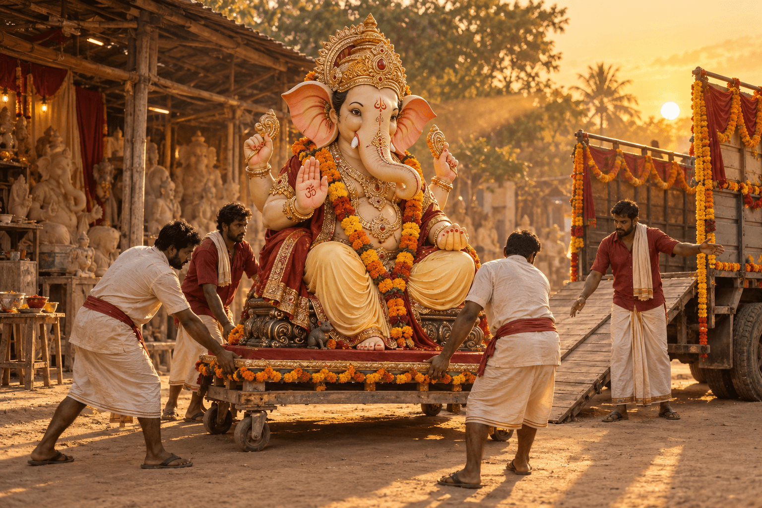 Art-directed image of artisans carefully moving a finished Ganesh idol