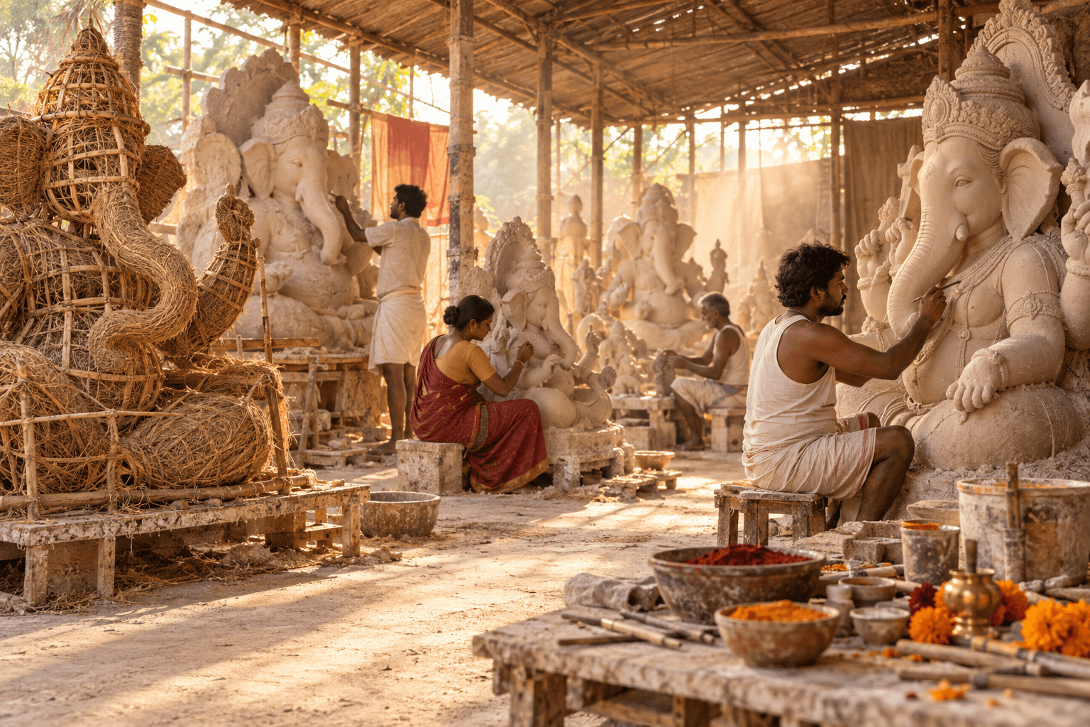 Art-directed wide view of a Ganesh-making workshop